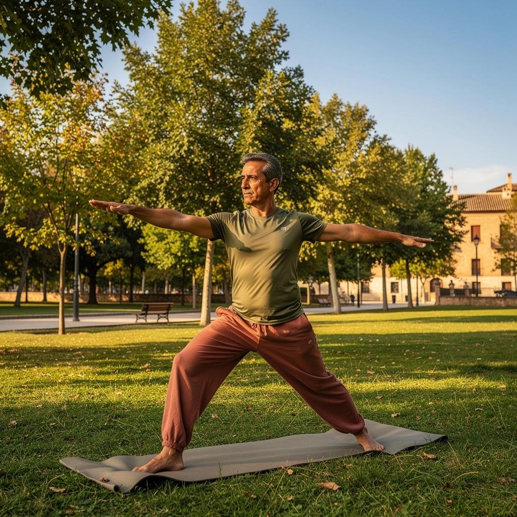 Una mujer practicando yoga al amanecer en una playa española, rodeada de naturaleza.
